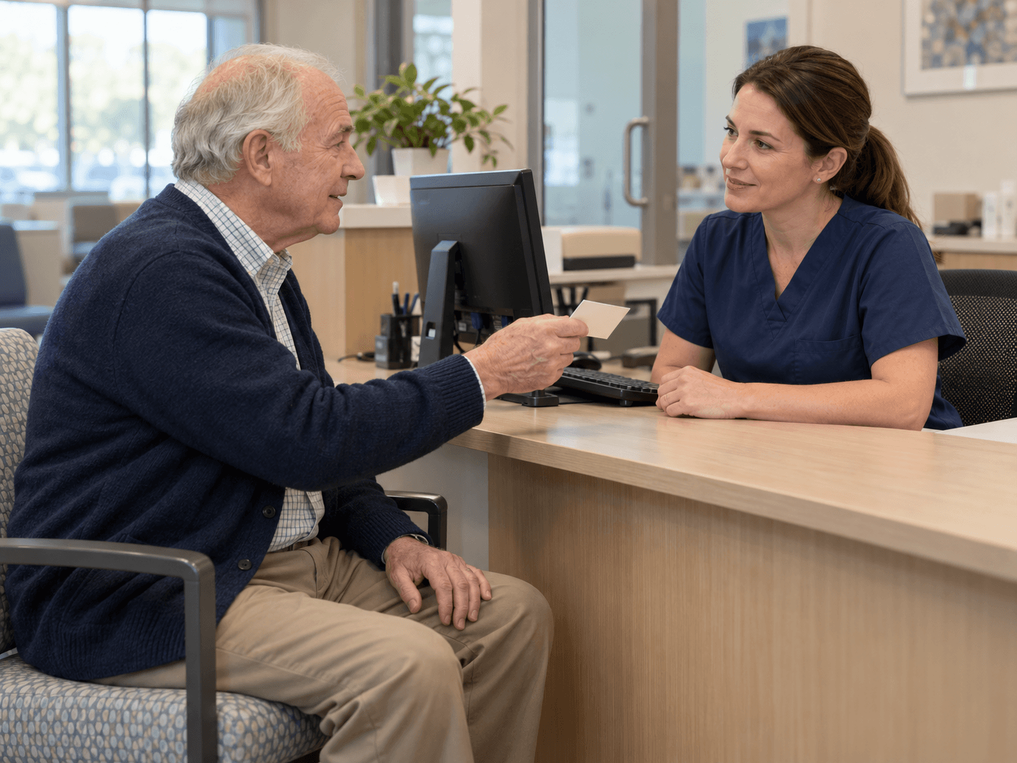 A man shows a dental professional a small medical wallet card before his visit.