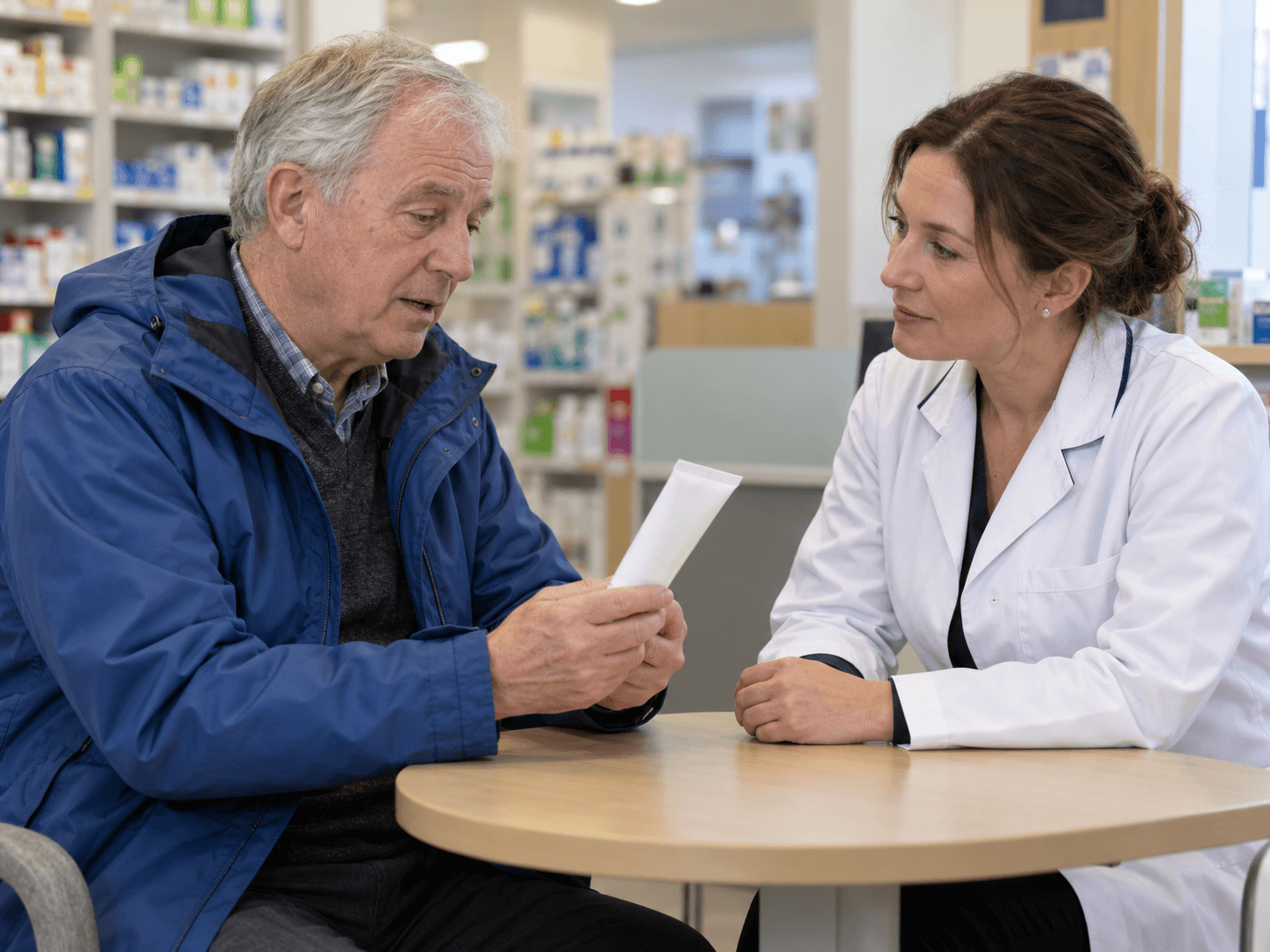 A man and a pharmacist discuss a toothpaste tube at a consultation table.