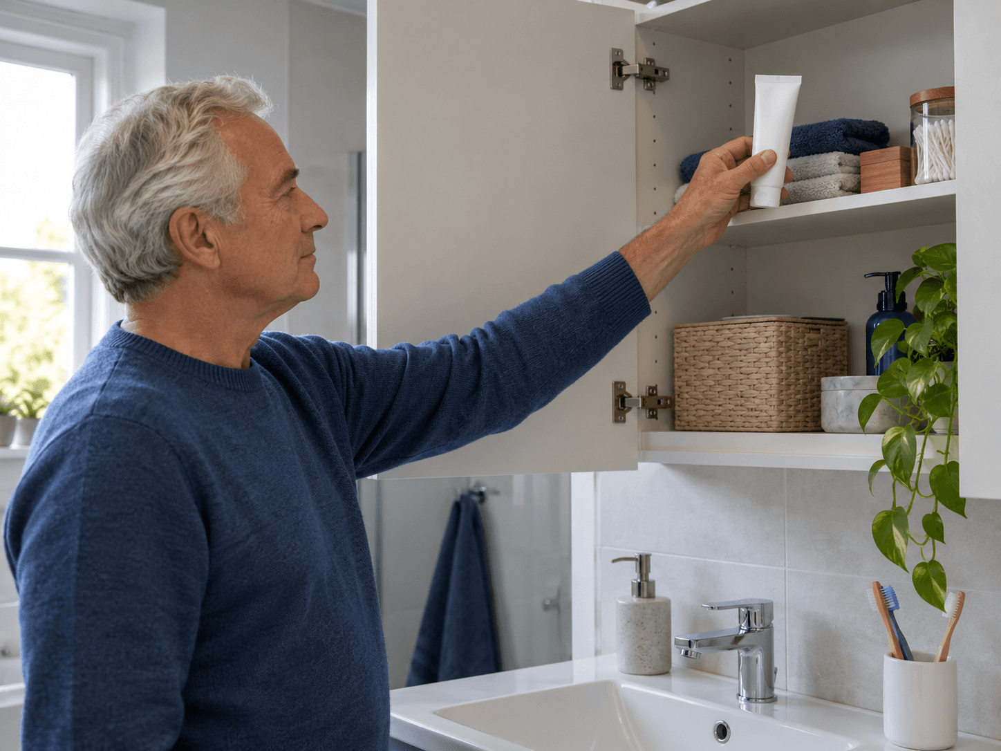 A man places a closed toothpaste tube on a high bathroom shelf.
