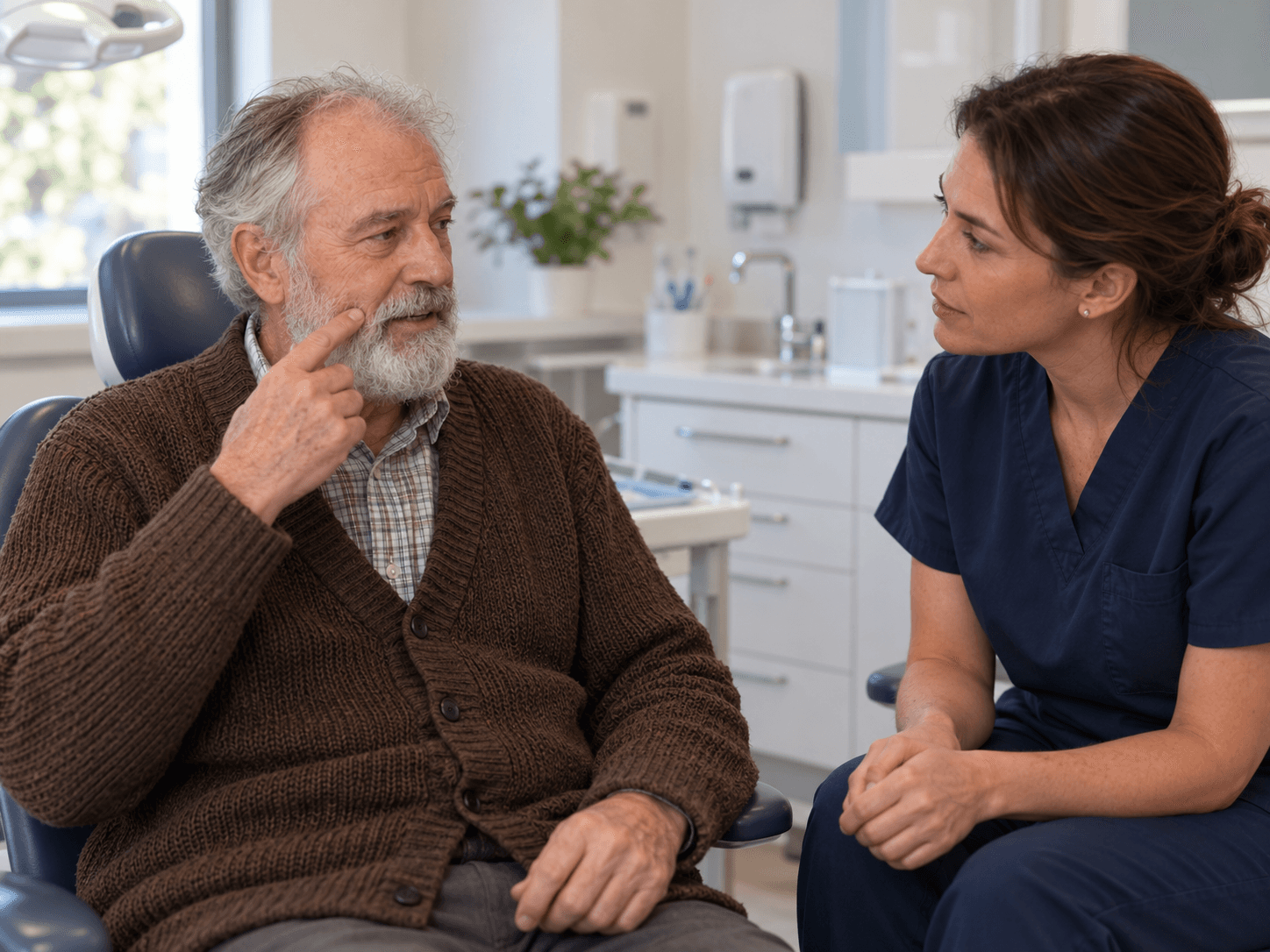 The man describes a sore area to a dentist at a follow-up appointment.