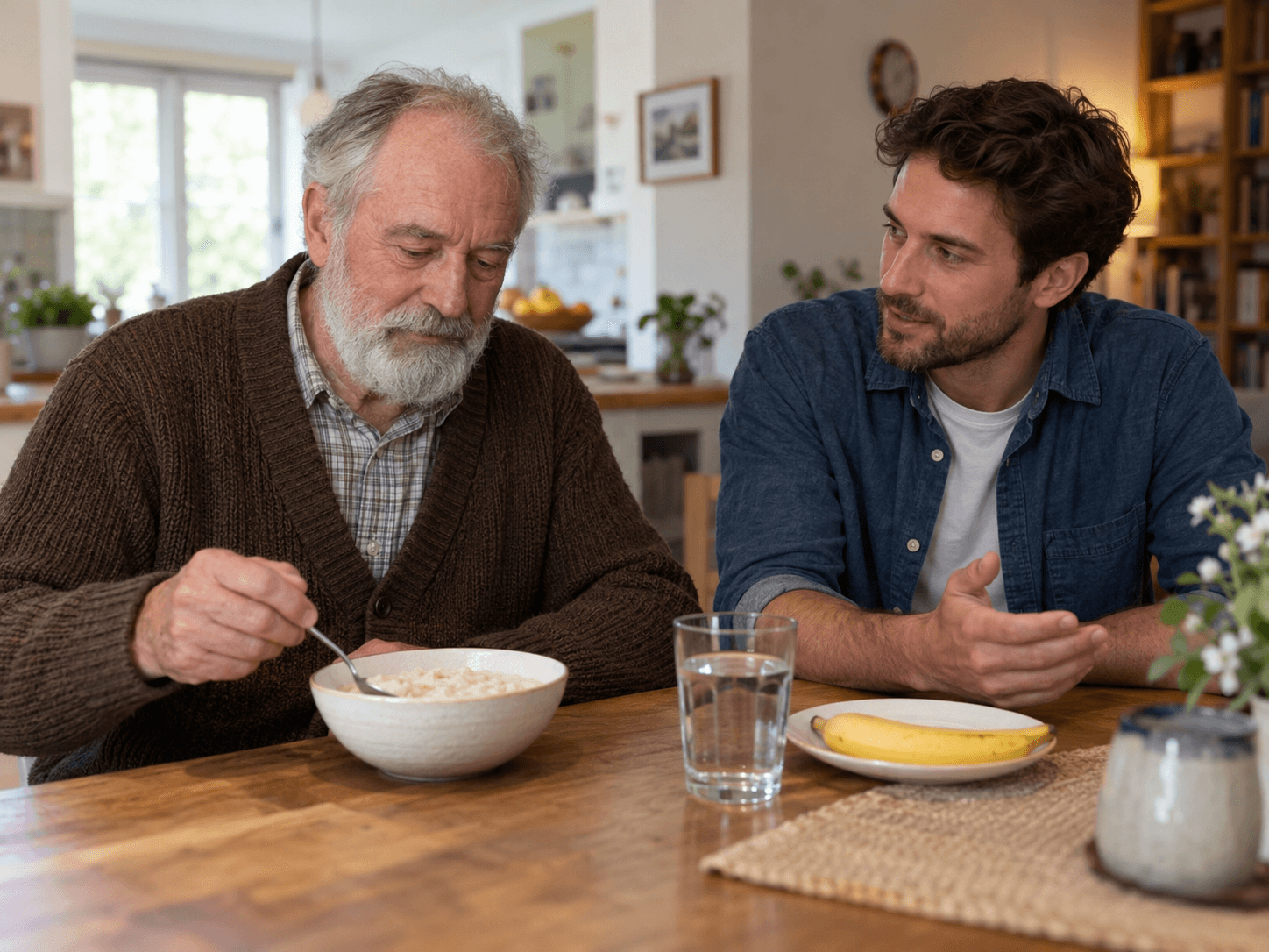 An older man eats soft porridge at home while talking with his adult son.