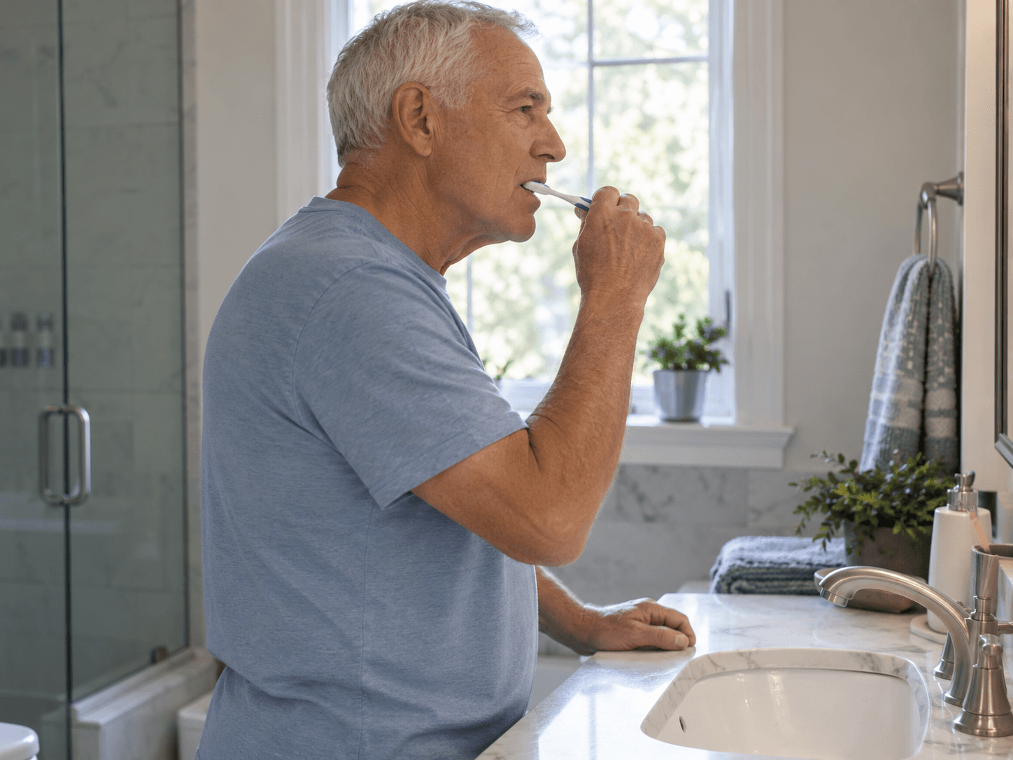 An older man brushes his teeth at a bathroom sink.