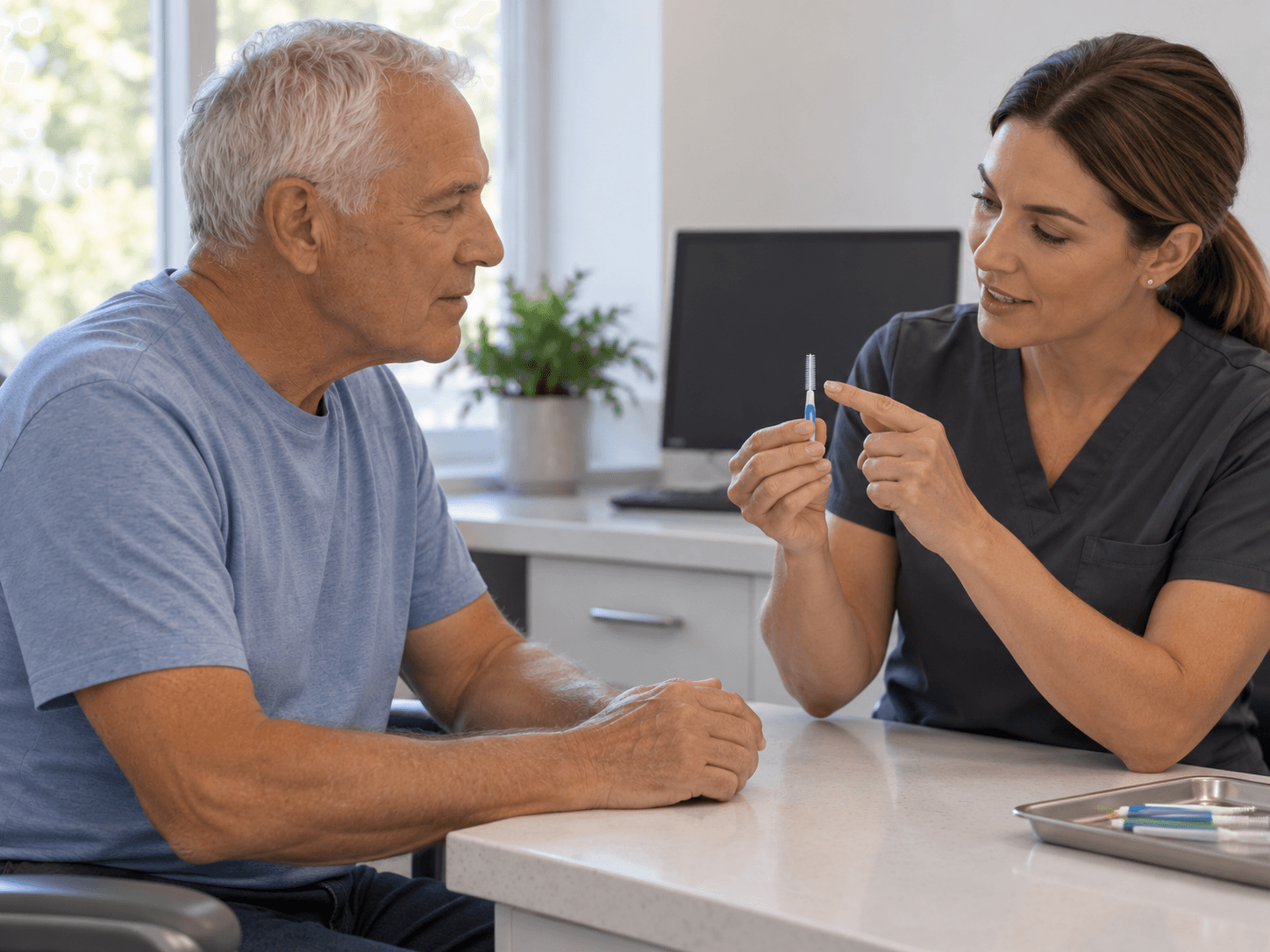 A hygienist shows the man a small interdental brush during a care discussion.