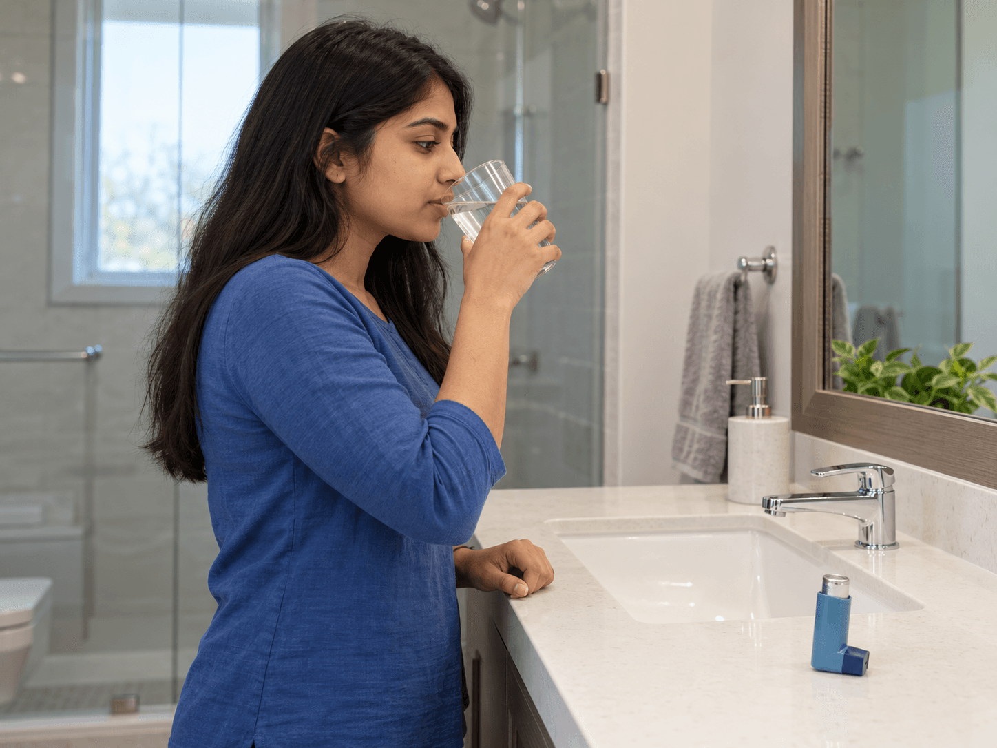 A woman takes water to rinse her mouth at the sink, with a capped inhaler nearby.
