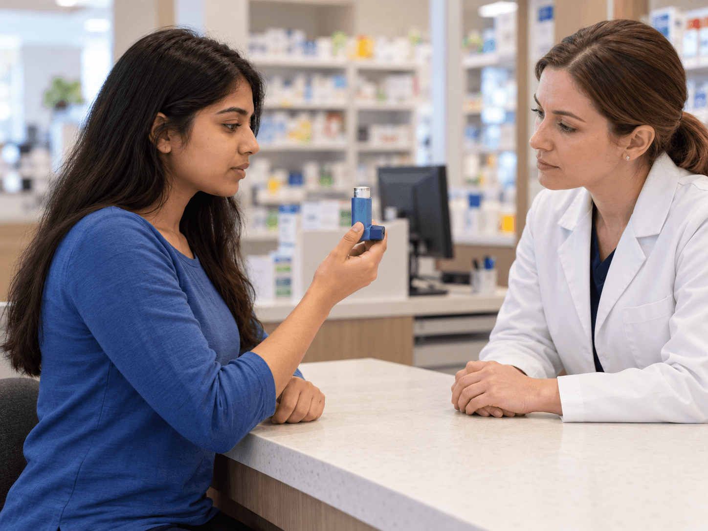 A woman holds her closed inhaler while asking a pharmacist about using it correctly.