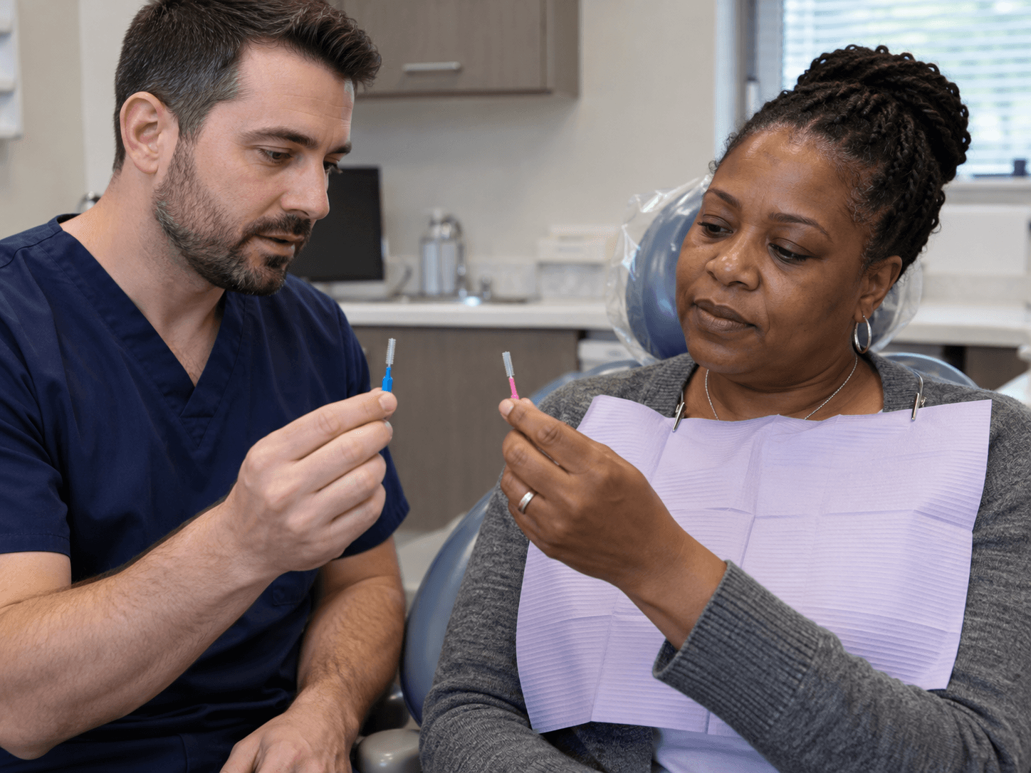 A hygienist and a patient compare two small interdental brushes outside the mouth.