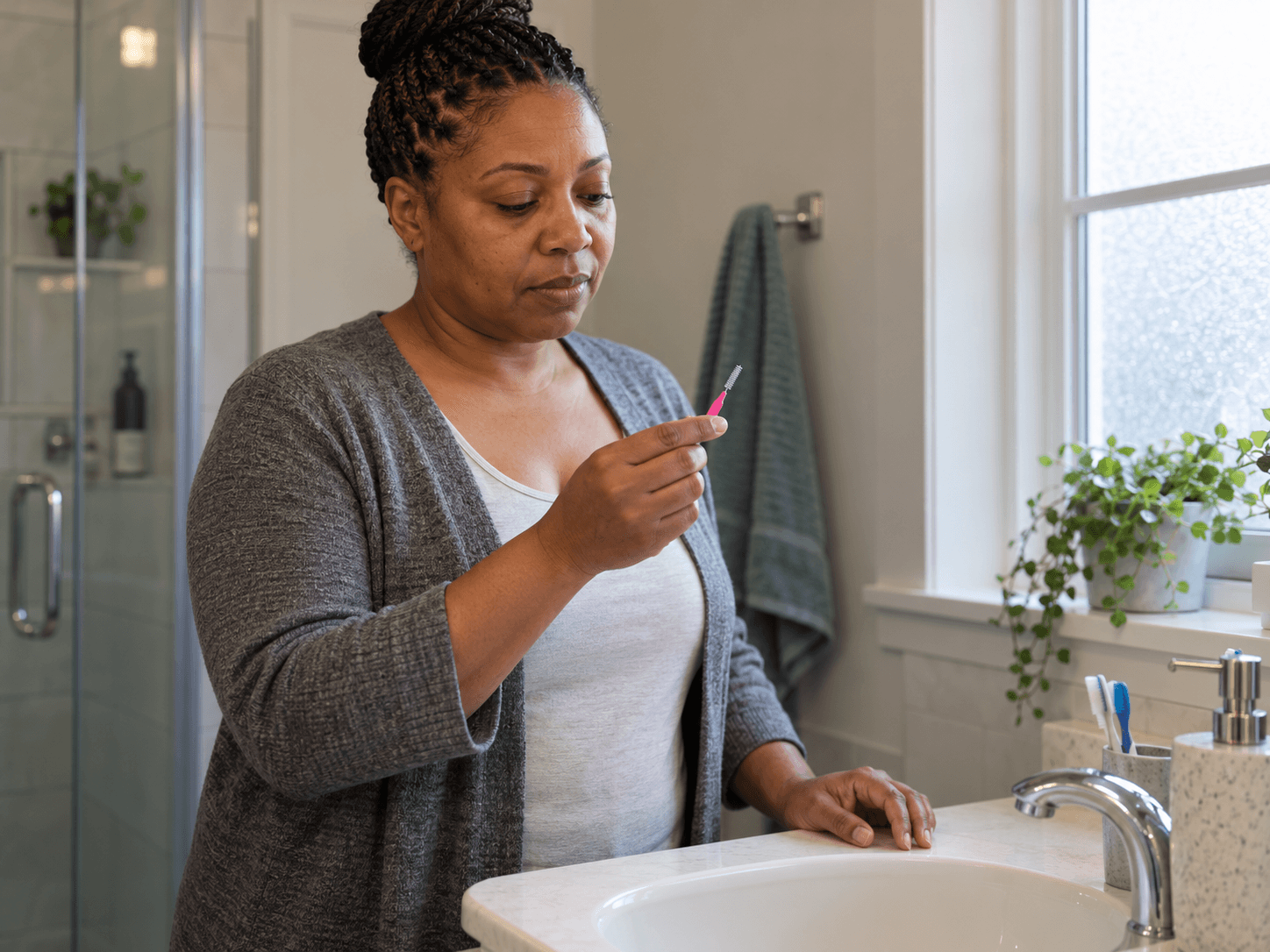 A woman looks at a small interdental brush before using it at home.