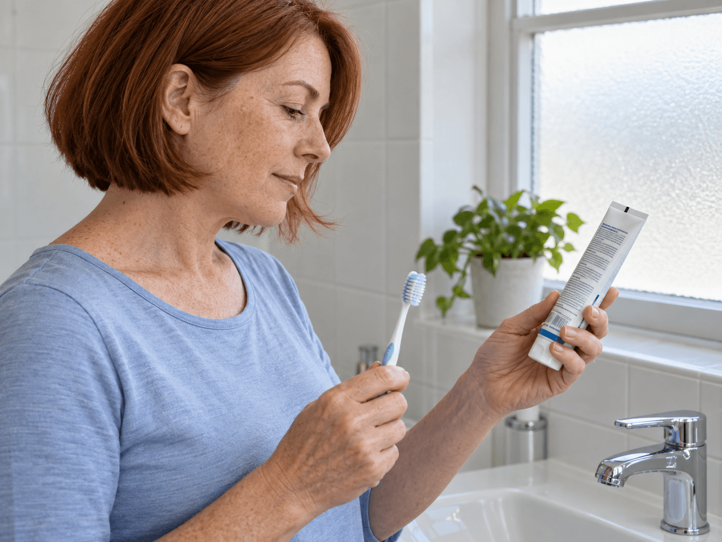 A woman holds a soft toothbrush while reading a toothpaste tube beside her sink.