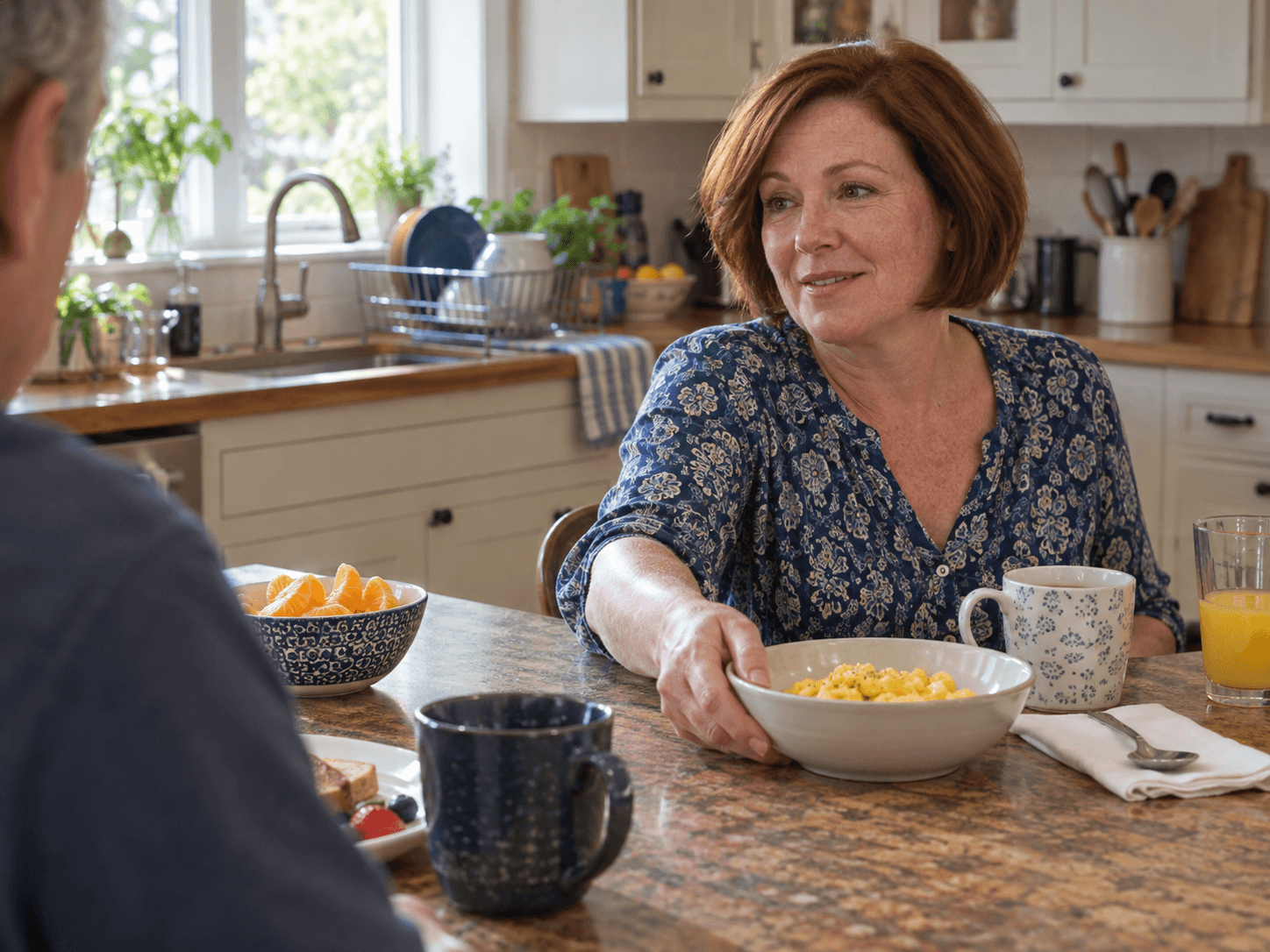 A woman draws a bowl of soft scrambled eggs toward her at a kitchen counter.