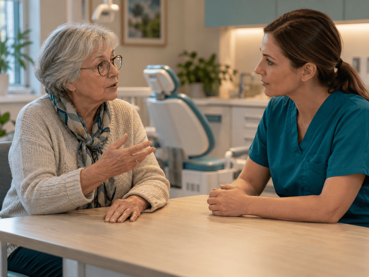 A patient describes a previous reaction to dental freezing while a dentist listens.