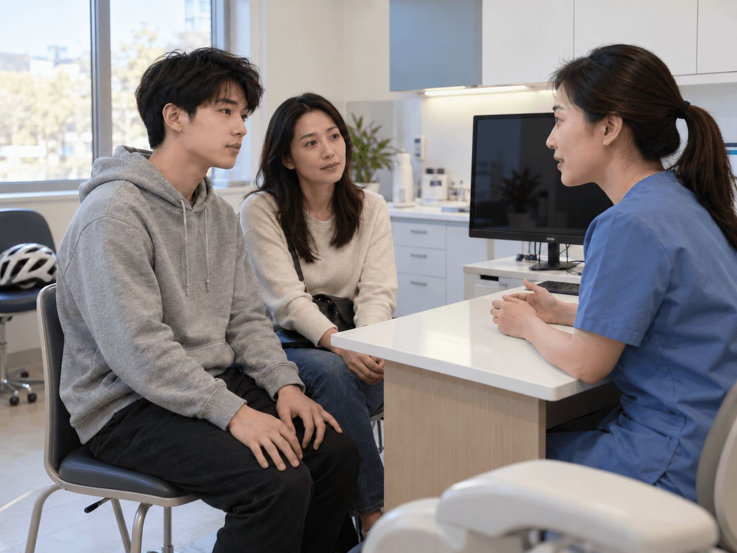 A young adult and his companion discuss follow-up with a dentist at a clear consultation desk.