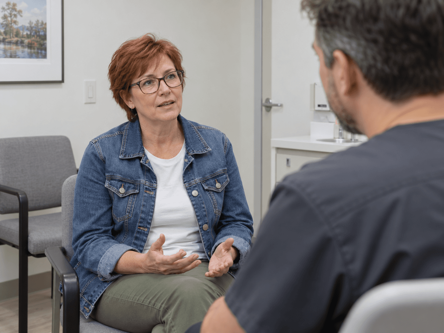 A woman describes a mouth symptom during a dental consultation.