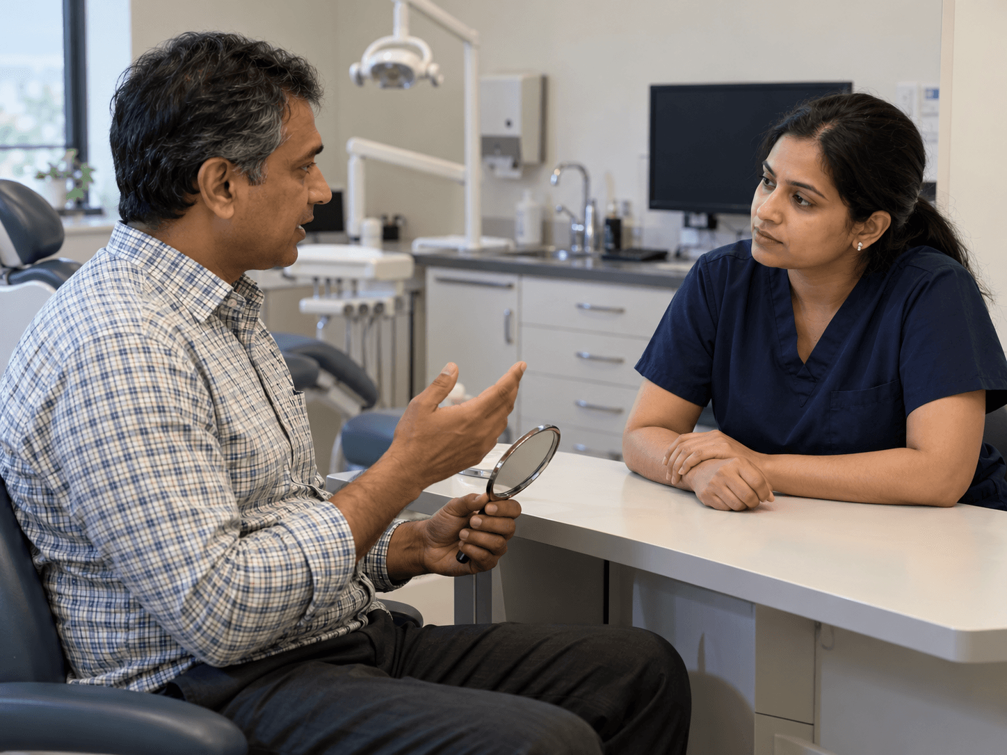 A patient holding a lowered hand mirror asks a dentist about restoration choices.