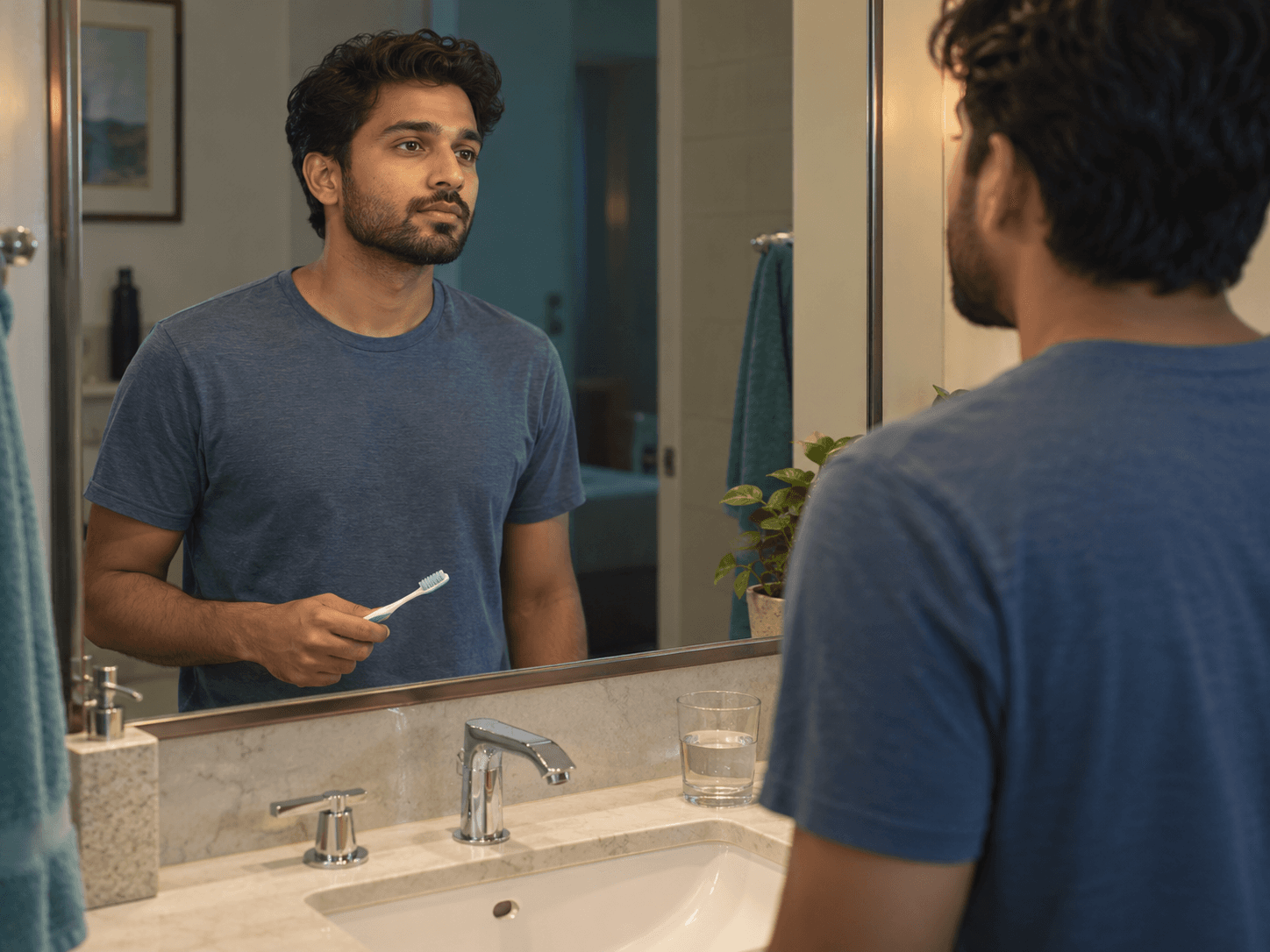 A man holds his toothbrush beside the sink before cleaning after oral surgery.