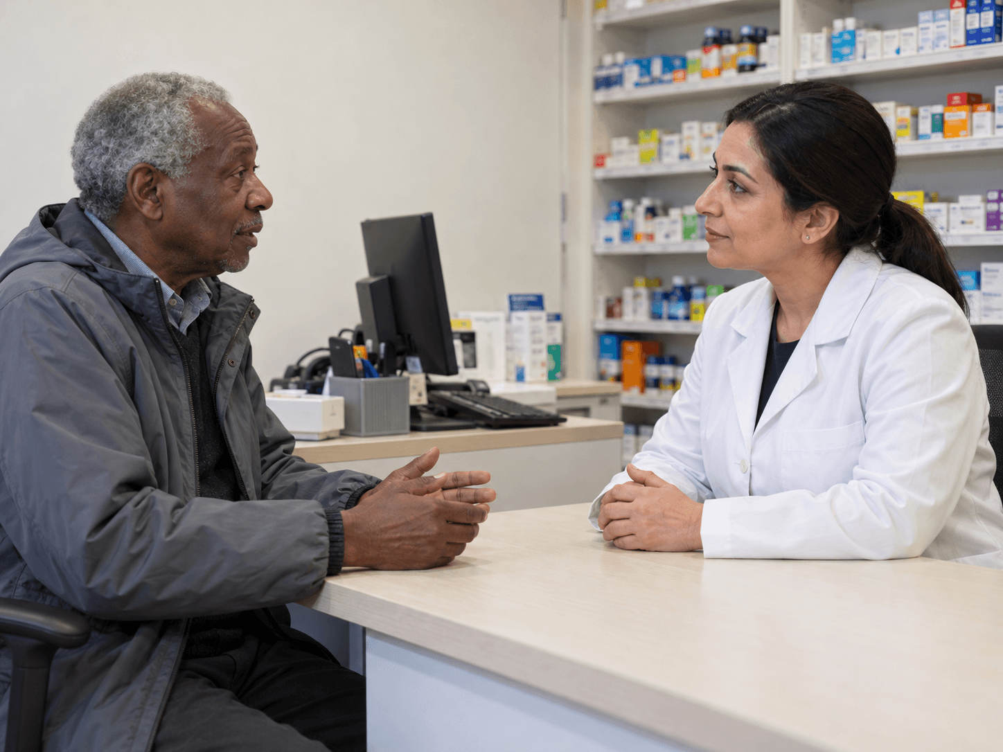 A man discusses a mouth-health question with a pharmacist at a consultation desk.