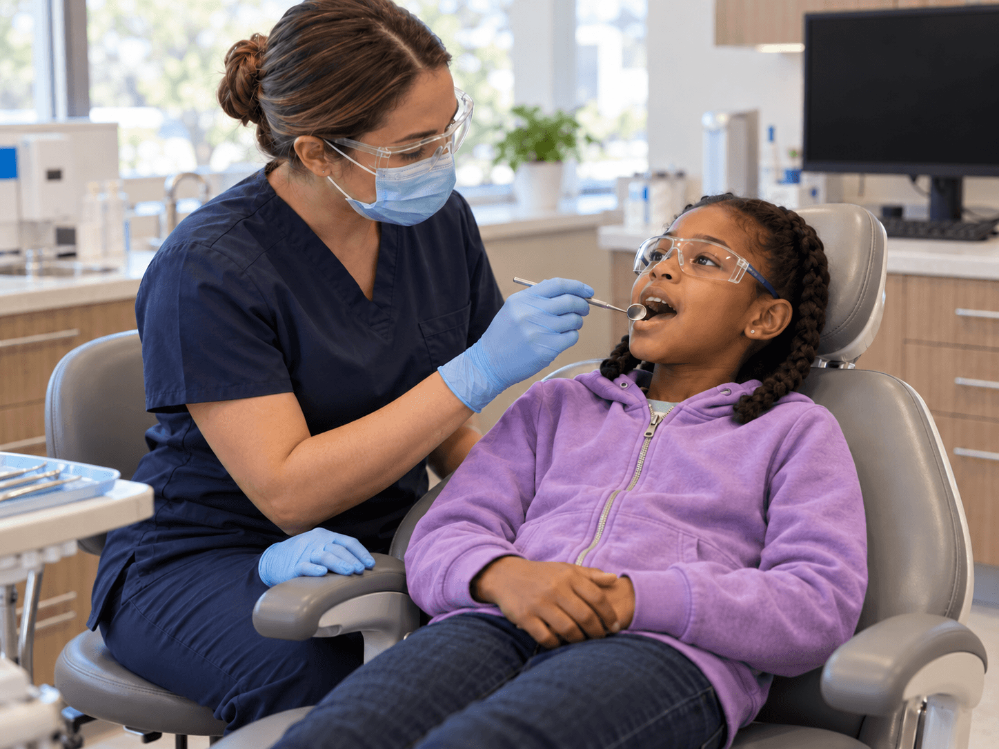 A clinician uses a small dental mirror to examine a child's bite; both wear protective eyewear.