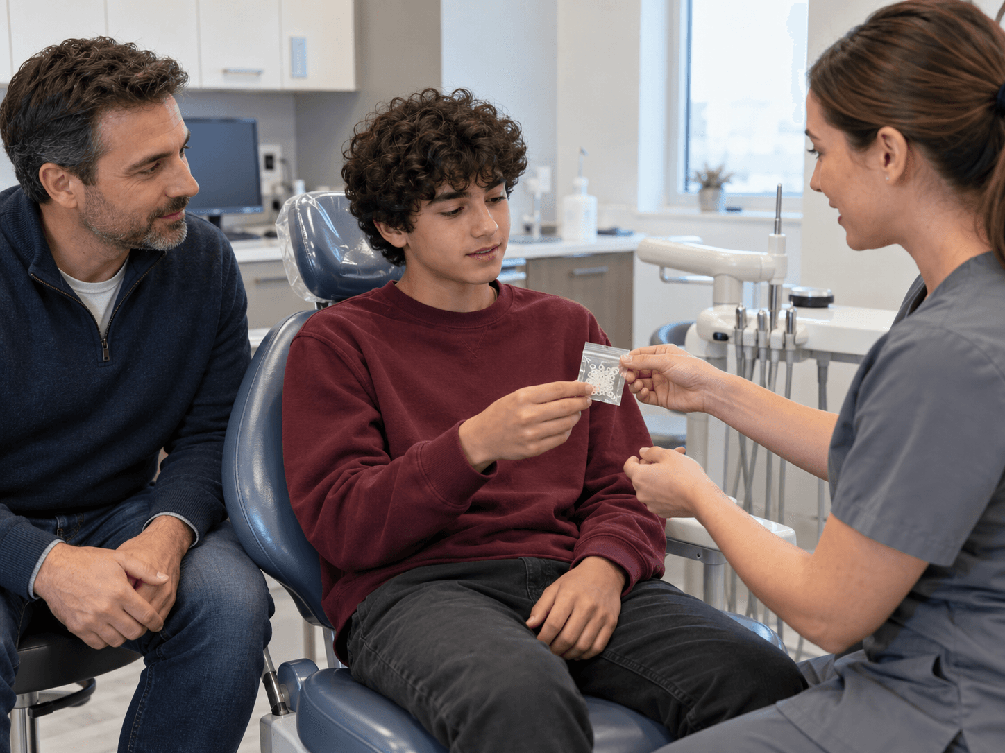 A teenager receives a small packet of orthodontic elastics while his father listens to the instructions.
