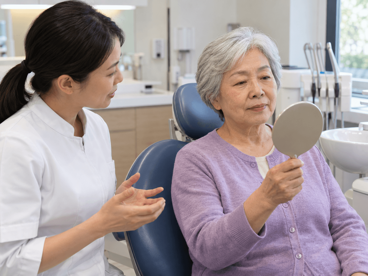 An older woman holds a hand mirror while a clinician explains her new denture routine.