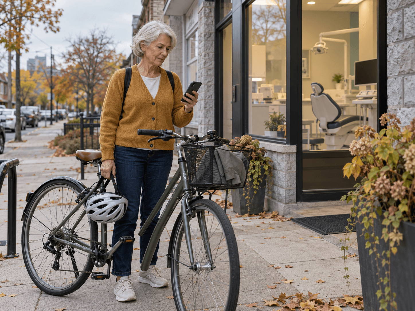 A woman checks her phone beside her bicycle outside a dental office.