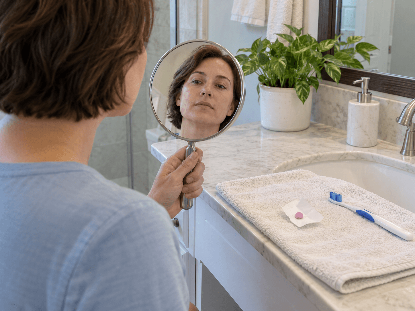A woman holds a hand mirror beside a toothbrush and a pink disclosing tablet on a protected counter.