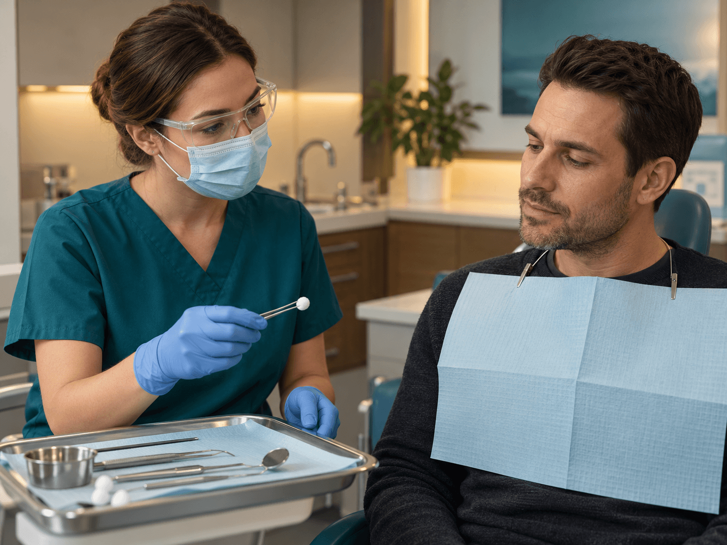 A dentist with protective eyewear shows a patient a small cotton pellet held in dental forceps before testing.