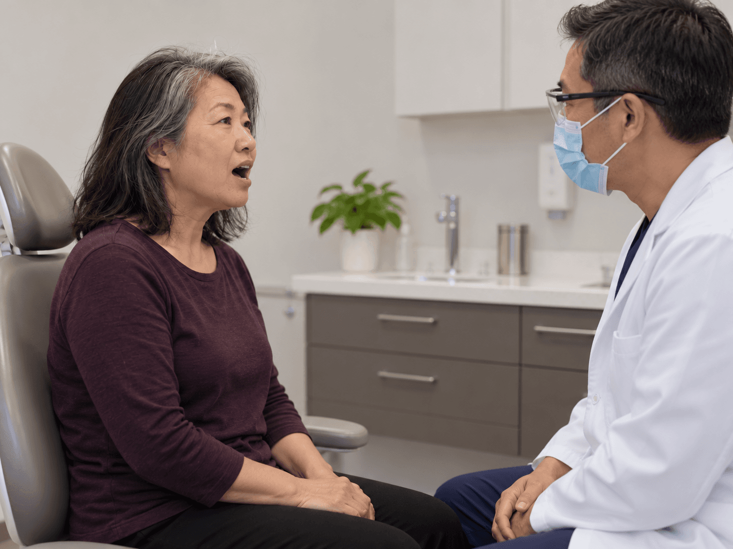 A woman shows a clinician how comfortably she can open her mouth during a review.