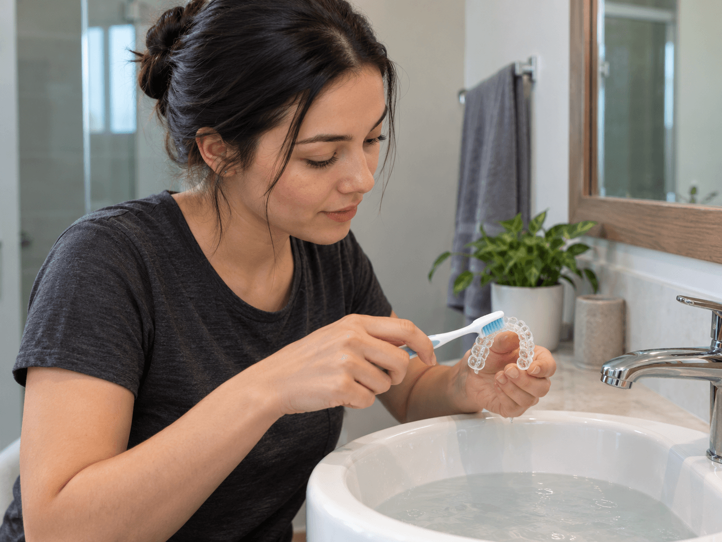 A woman gently brushes a clear removable retainer over a bathroom basin.