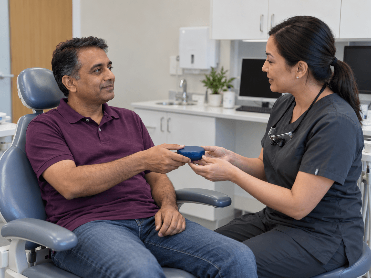 A man brings his retainer case to a dental appointment before restorative work.