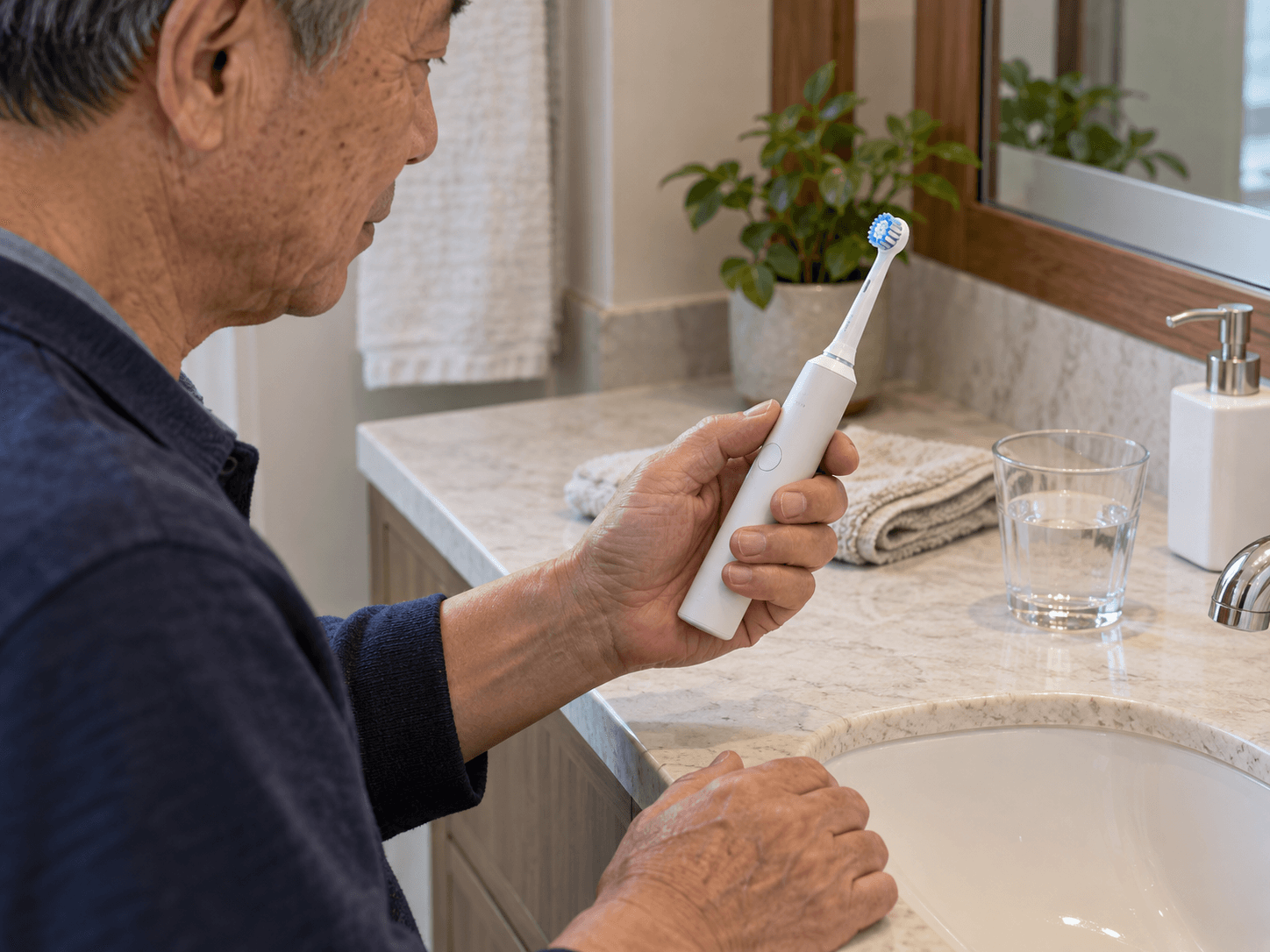 An older man holds an electric toothbrush with a substantial handle beside the sink.
