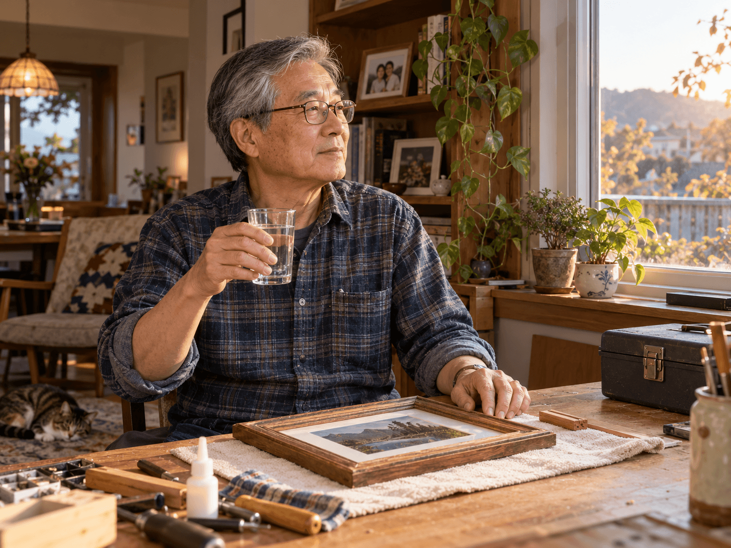 An older man takes a drink of water while working on a picture frame at home.