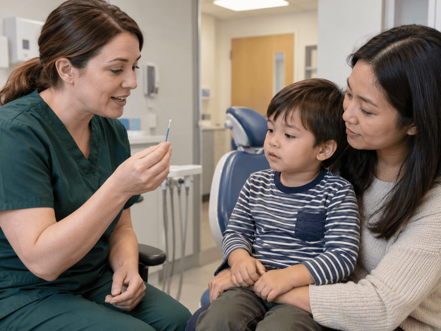 A clinician shows a parent and child the tiny applicator used to place a dental liquid.