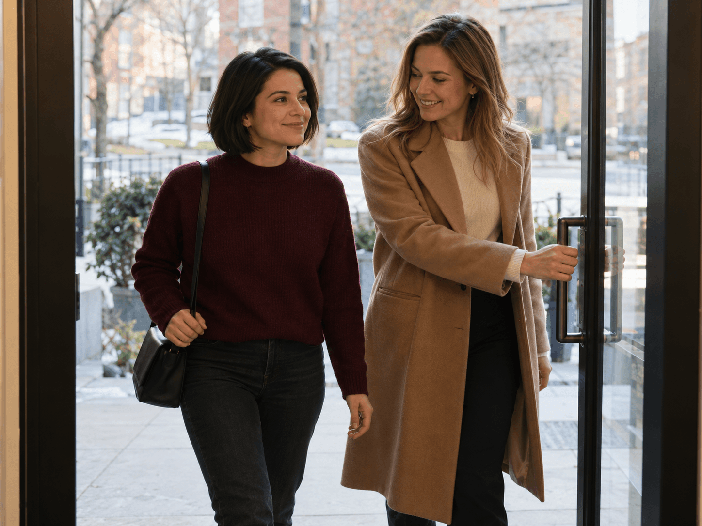 A patient and her friend arrive together at a clinic before an appointment.