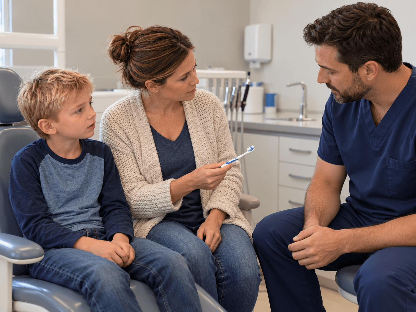 A mother shows a hygienist her child's toothbrush during a conversation about sensitive teeth.
