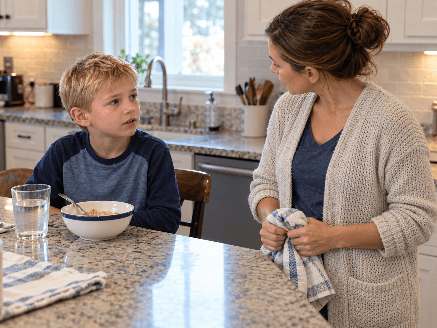 A child talks to his mother at breakfast after putting down a glass of cool water.