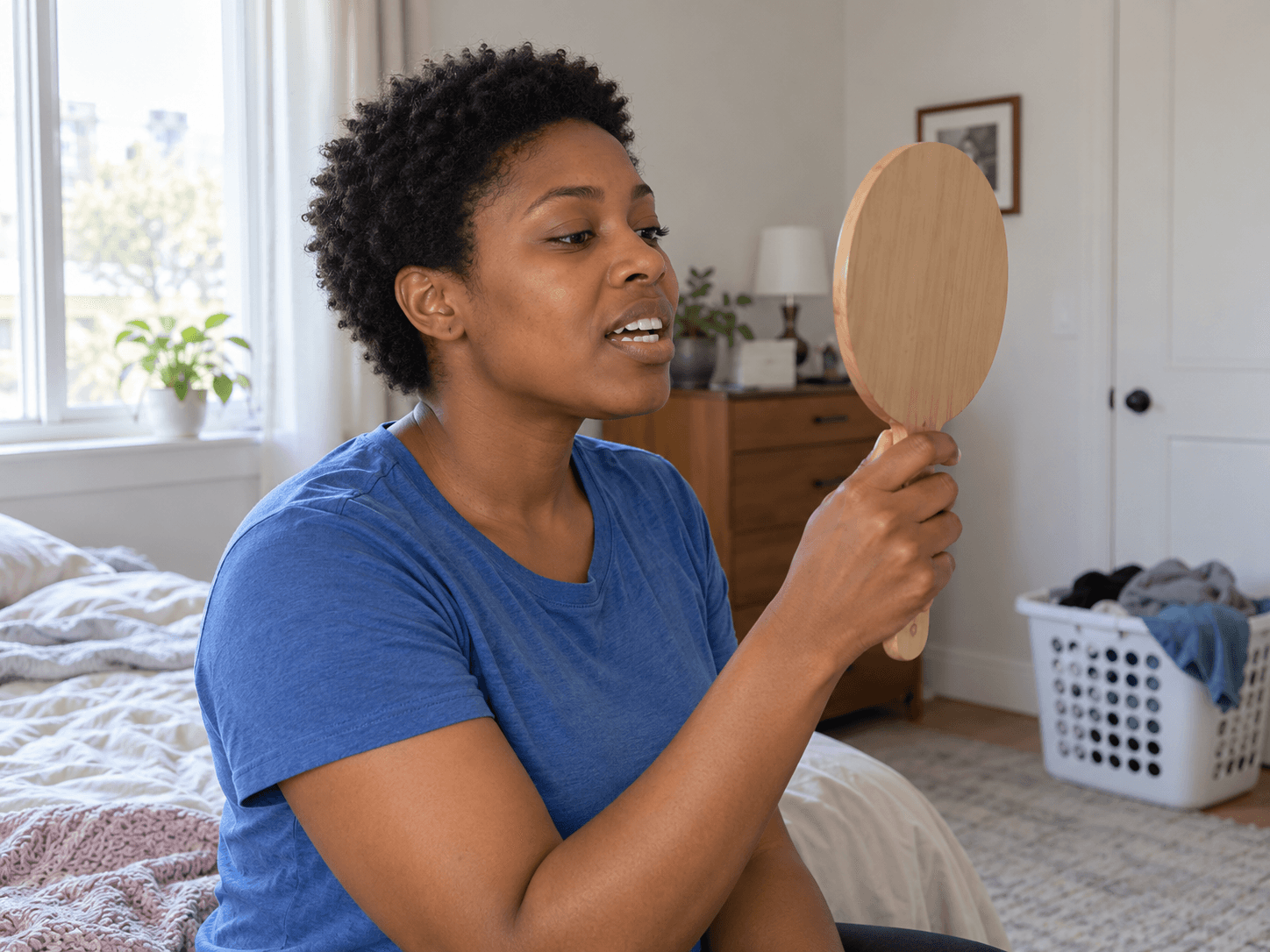 A woman checks a tooth-colour concern in a hand mirror at home.