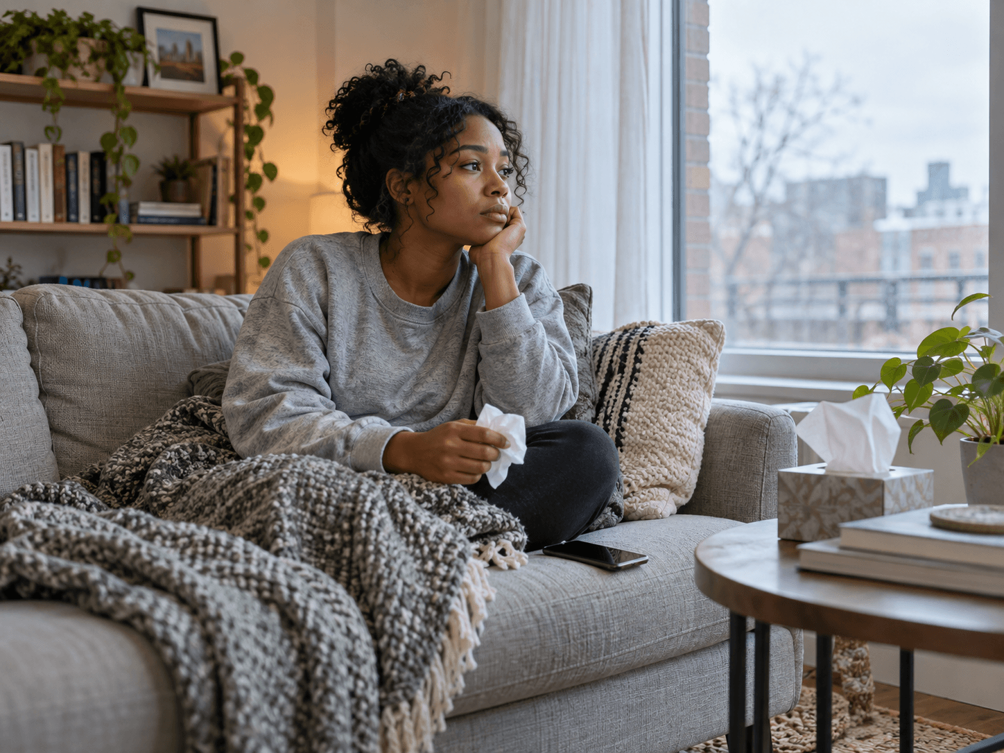 A woman with a tissue rests on her sofa beside a phone.