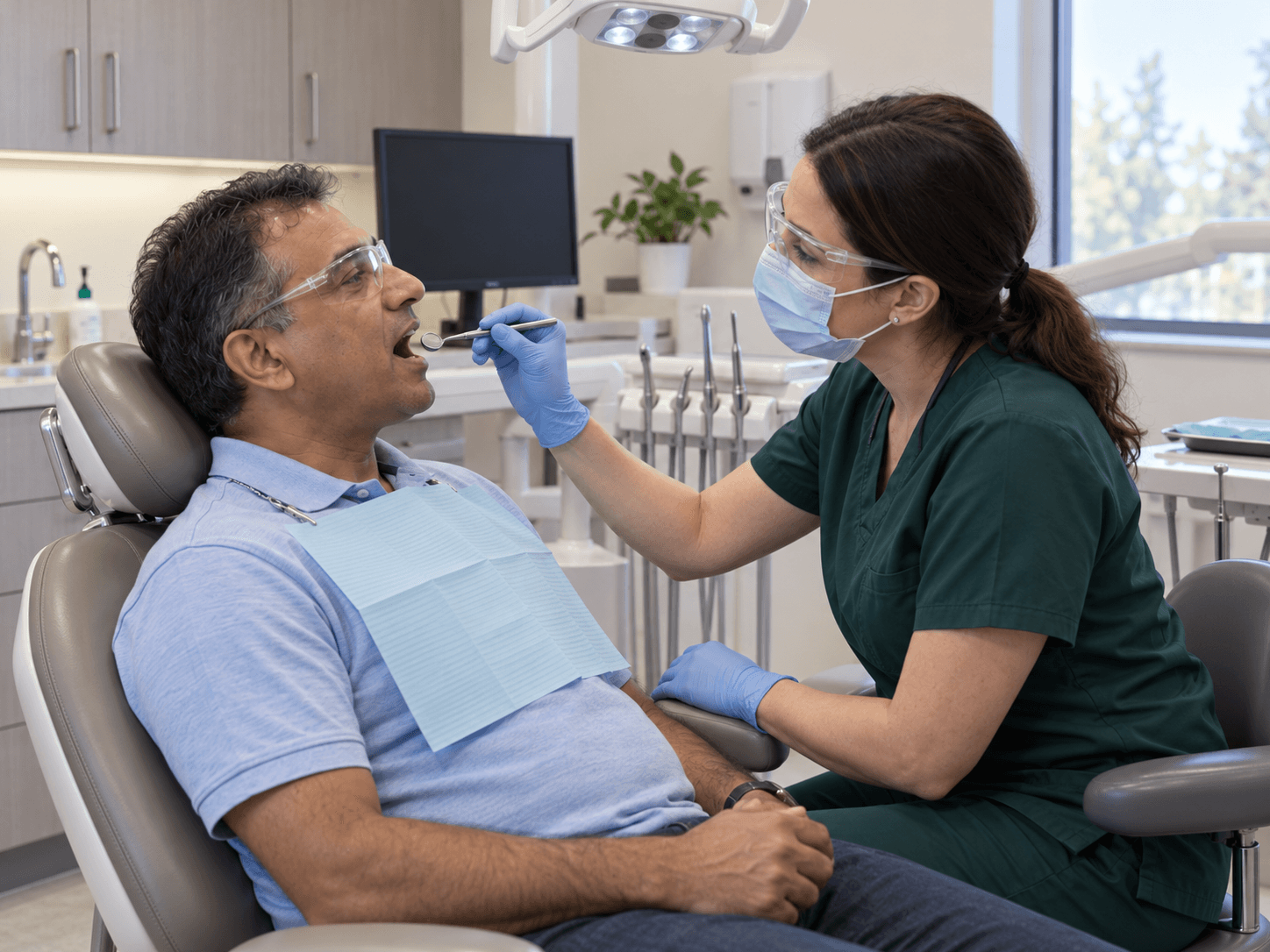 A dentist examines a man with a small dental mirror during a follow-up visit; both wear protective eyewear.