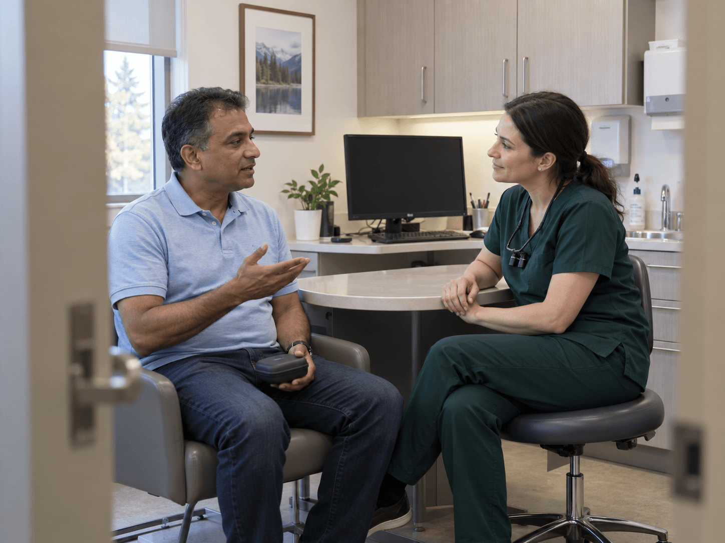 A man discusses an oral-appliance treatment plan with a dentist.