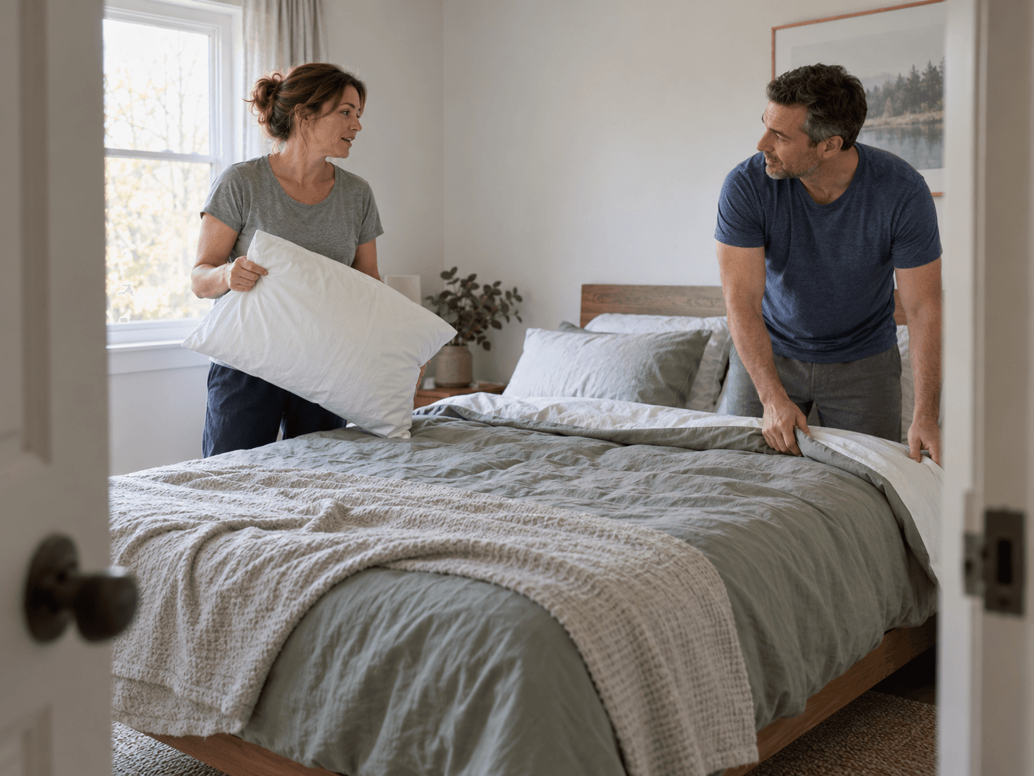 A couple talk while making the bed after a disturbed night's sleep.