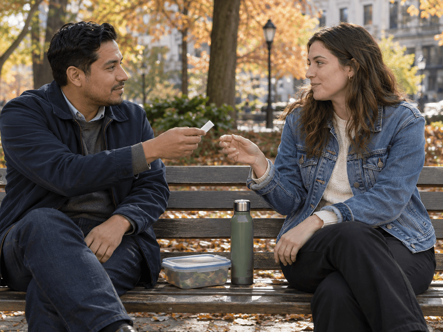 Two coworkers share a wrapped piece of gum on a park bench after lunch.