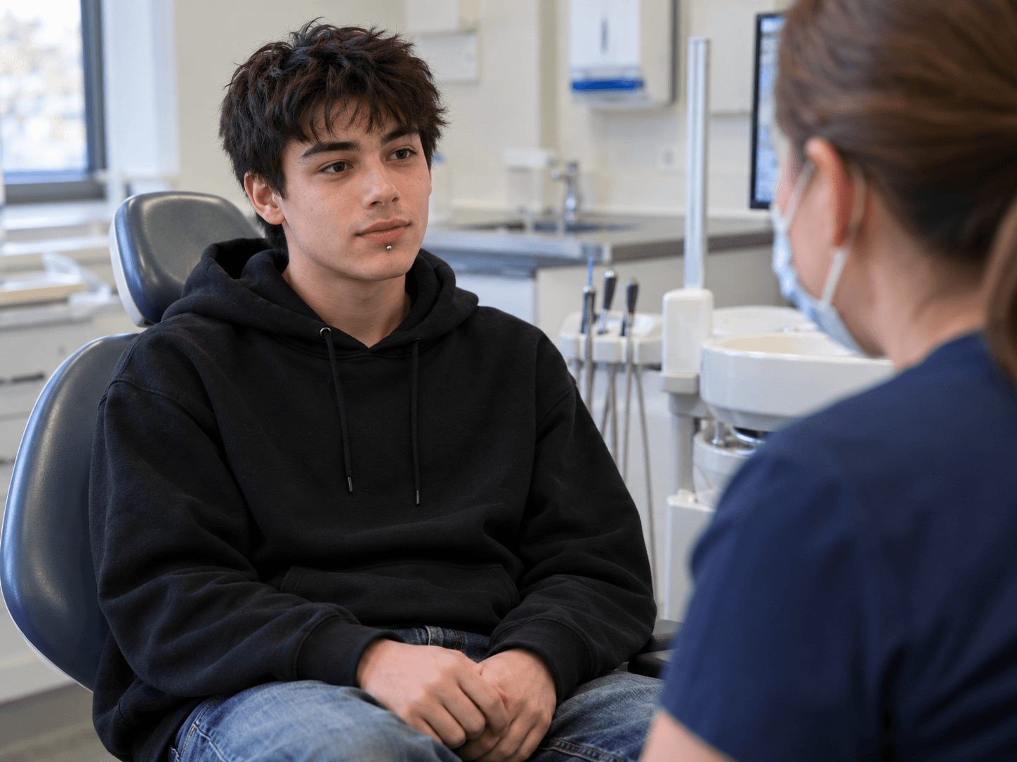 A young adult with a small lip stud speaks with a dental clinician about oral jewellery.