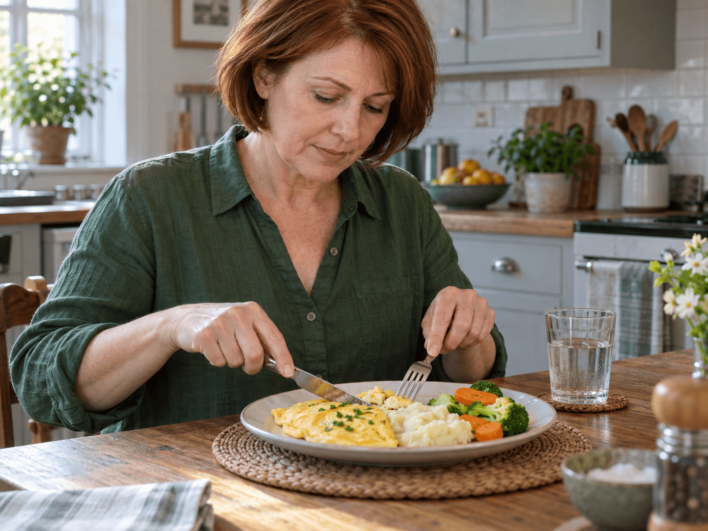 A woman cuts a soft omelette into small pieces at her kitchen table.