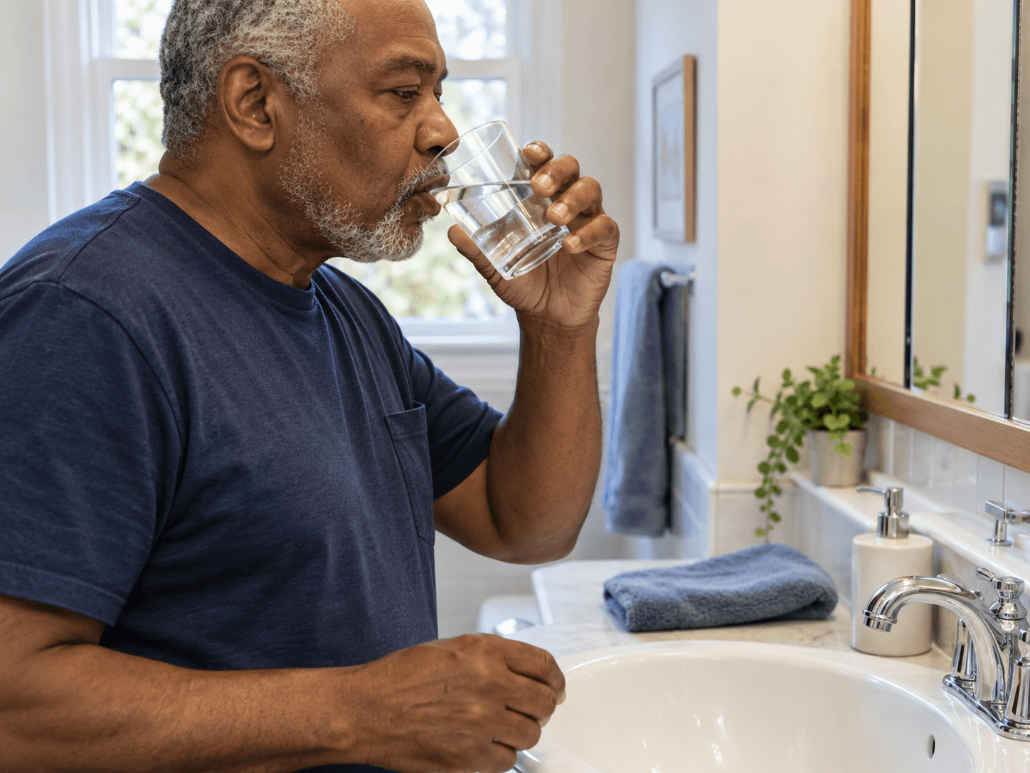 A man takes water from a glass at his bathroom sink before rinsing his mouth.