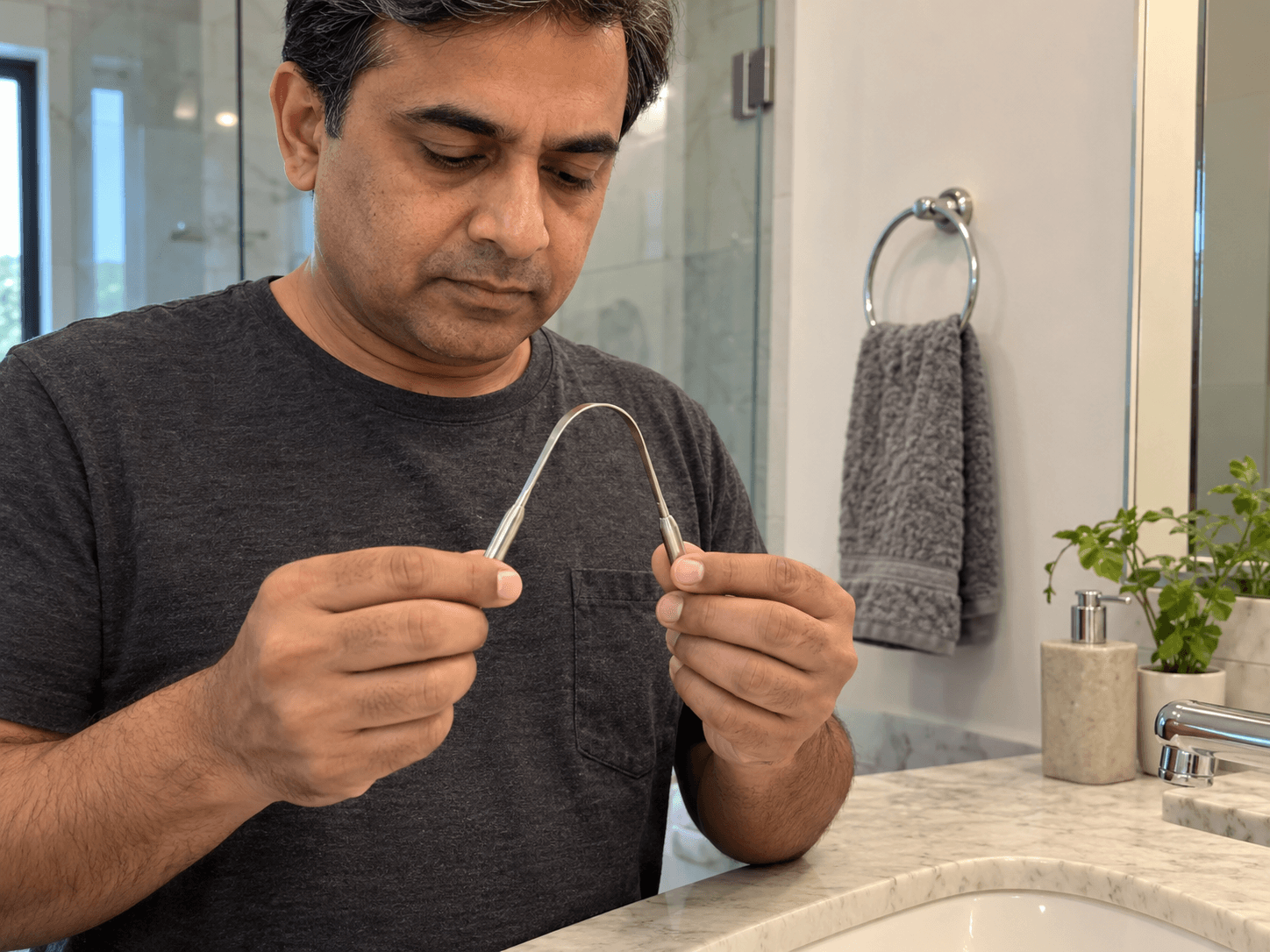 A man holds a smooth U-shaped metal tongue cleaner by both handles above his bathroom sink.