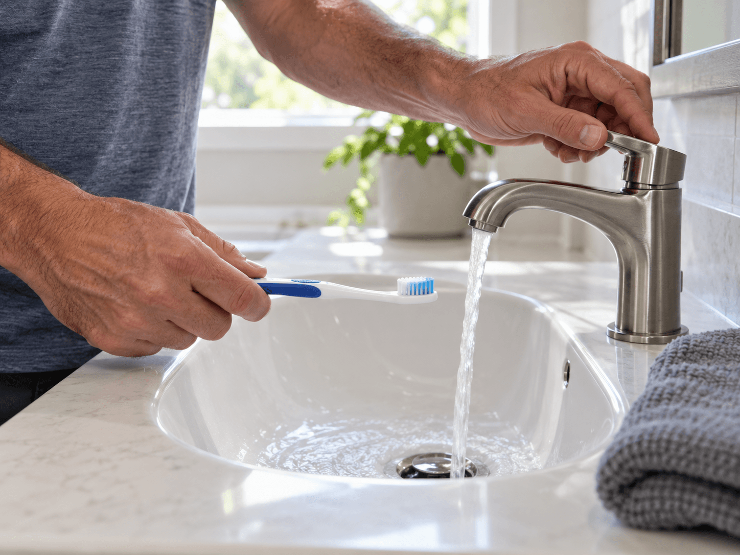 Hands hold a soft toothbrush and adjust a bathroom faucet.