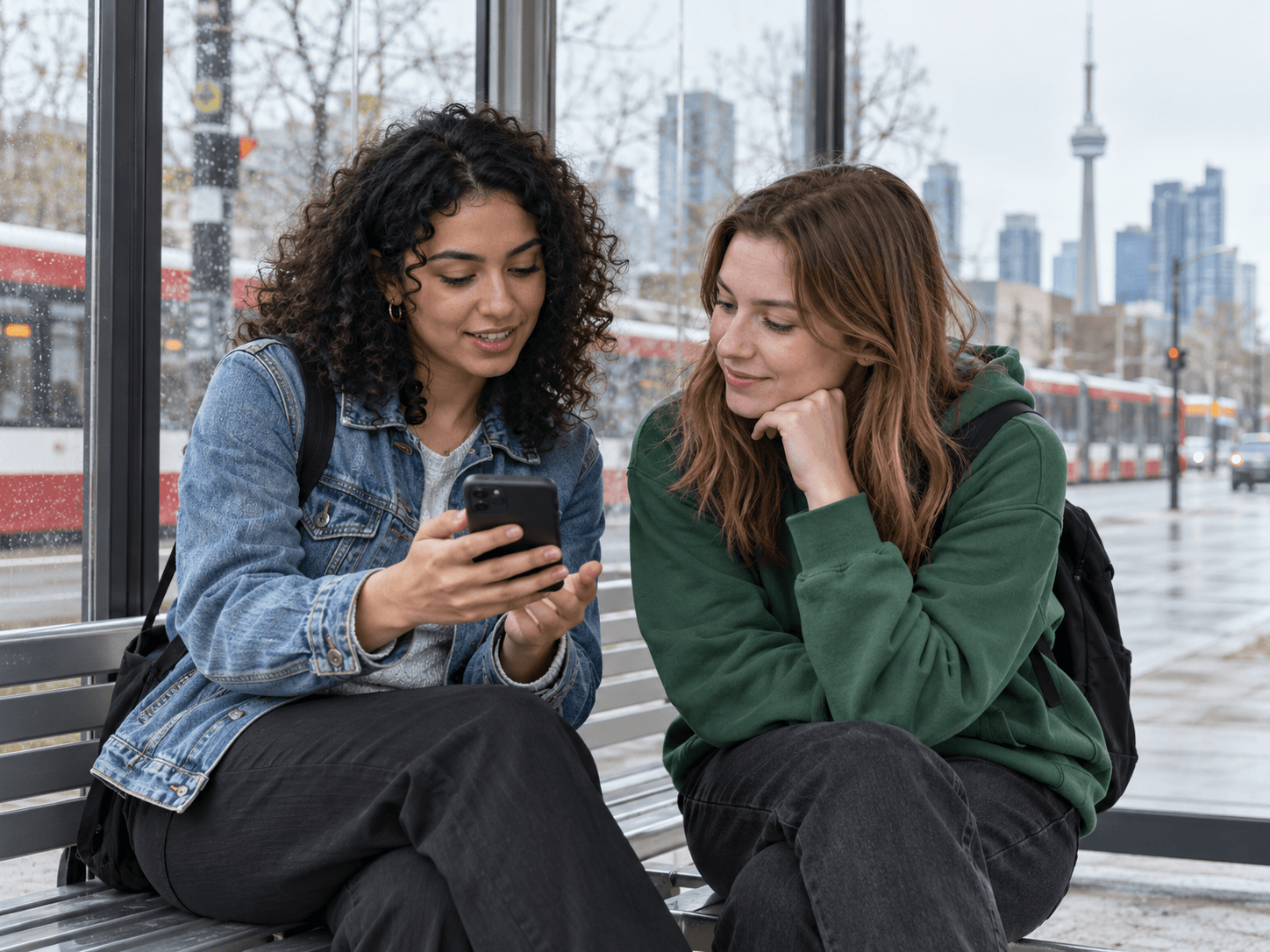 Two friends discuss an idea on a phone while waiting at a bus shelter.