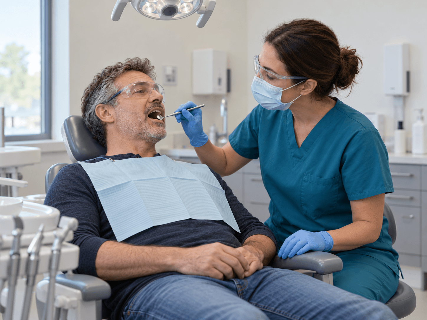 A clinician examines a man while investigating tooth wear; both wear protective eyewear.