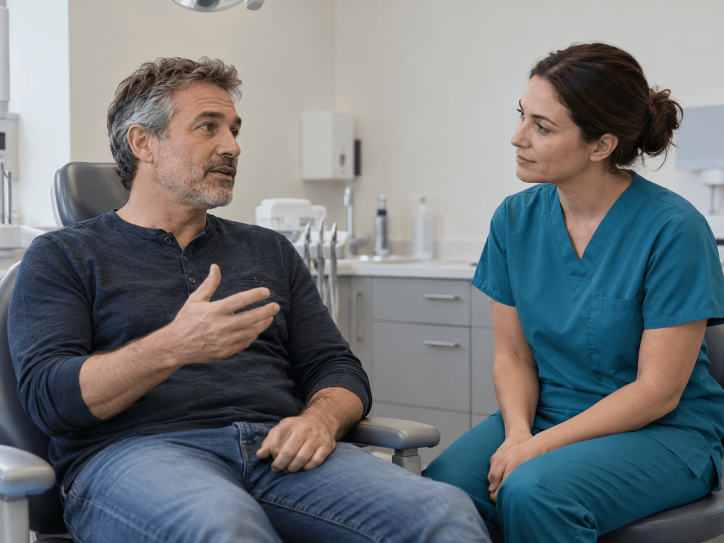 A man describes his jaw symptoms during a dental conversation about tooth wear.