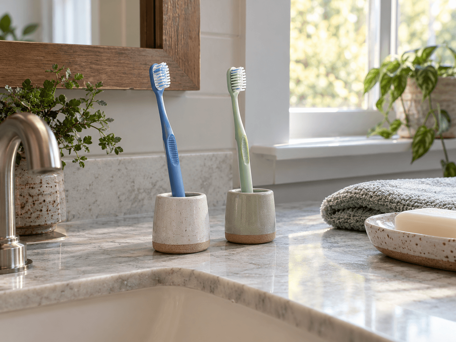 Two uncovered toothbrushes stand upright in separate holders on a bathroom counter.
