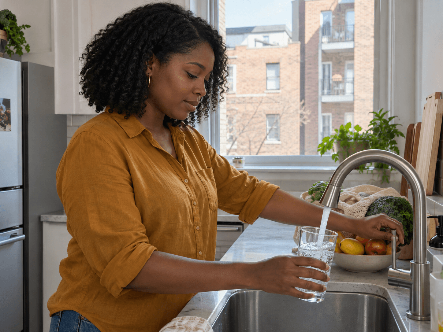 A woman fills a clear glass from the kitchen tap in a Toronto apartment.